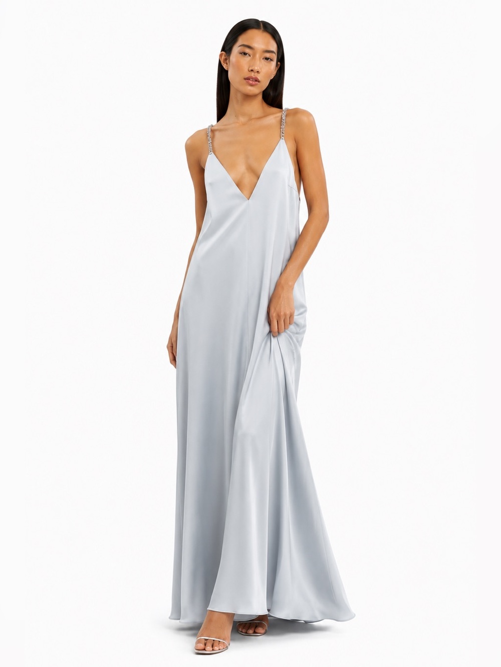Significant Other Abbey Trapeze Pewter Satin Maxi Dress Size 6 NWOT - Picture 1 of 10
